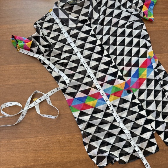 Vintage | Gottex Unisex Black White Rainbow Stripe Graphic Geometric Silk Shirt - Picture 6 of 6